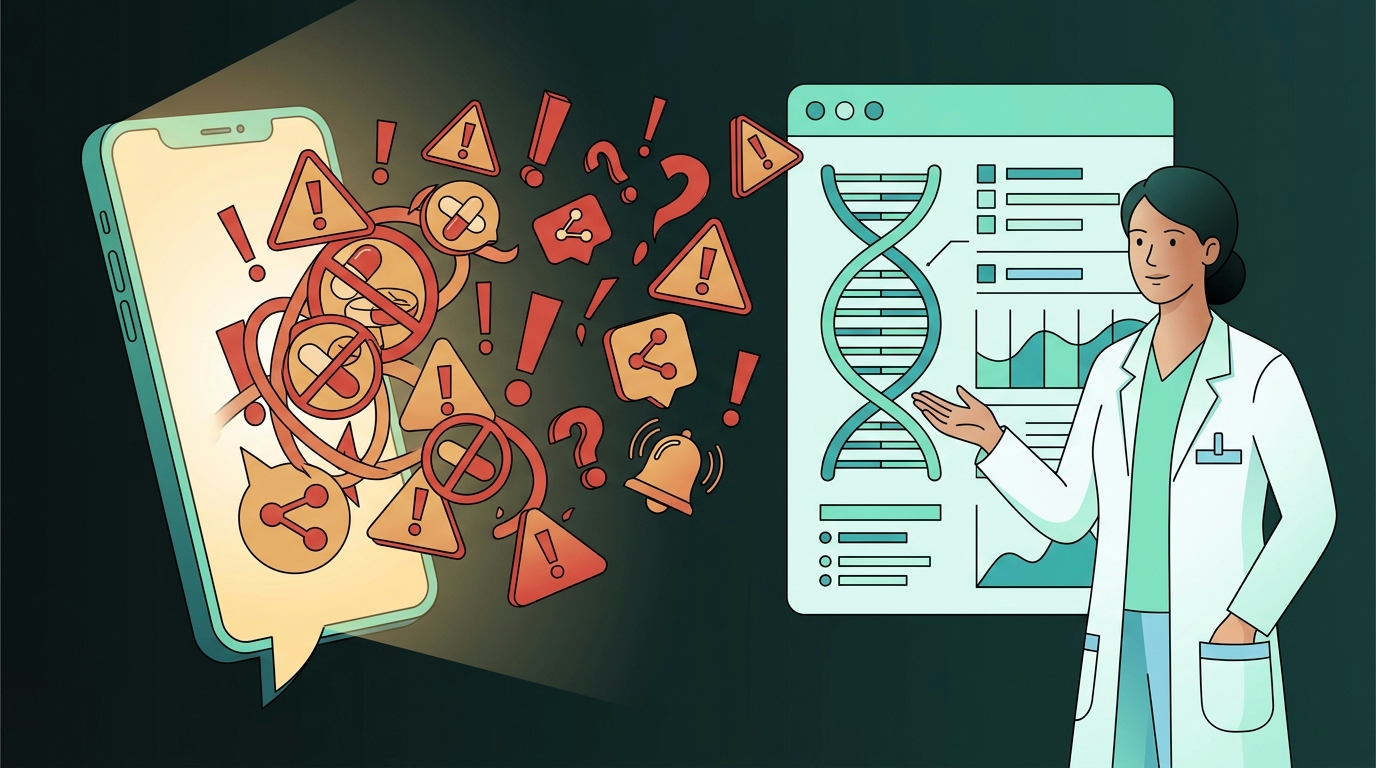 Editorial illustration contrasting a chaotic cloud of viral misinformation symbols with a calm, evidence-based medical chart, representing cancer myths versus medical reality