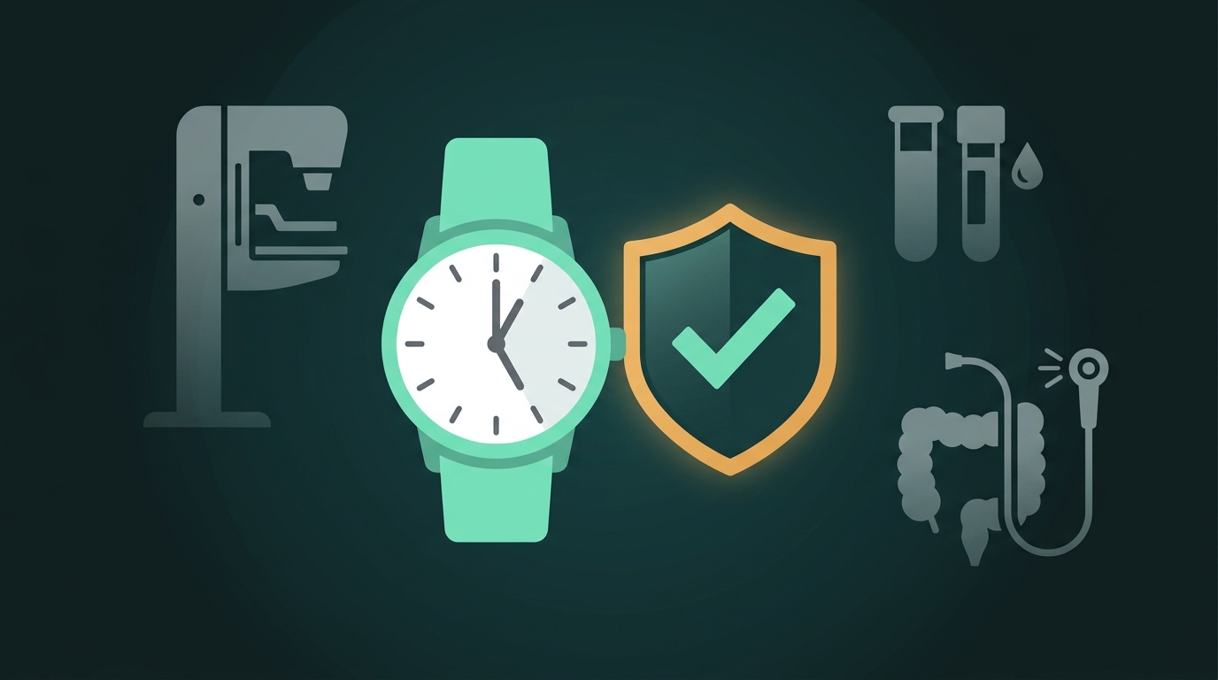 Editorial illustration of a five-minute timer next to a protective checkmark shield, symbolizing how a brief routine screening test protects against cancer