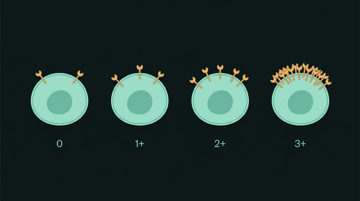 Editorial illustration of four breast tissue cells showing increasing HER2 receptor density across the 0, 1+, 2+, and 3+ scoring categories
